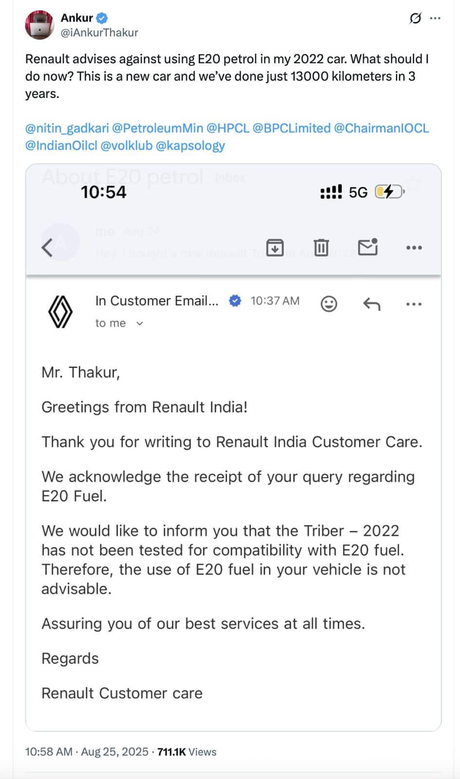 Renault Triber 2022 Not Compatible With E20 Fuel new